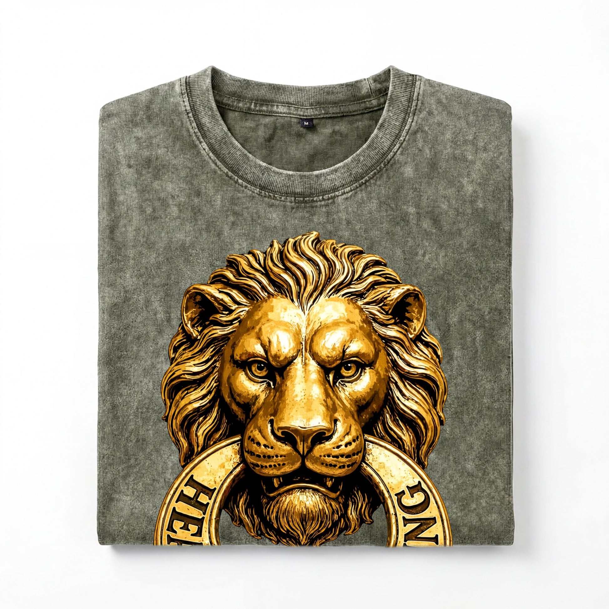 a t-shirt with a large golden lion's head design on it.