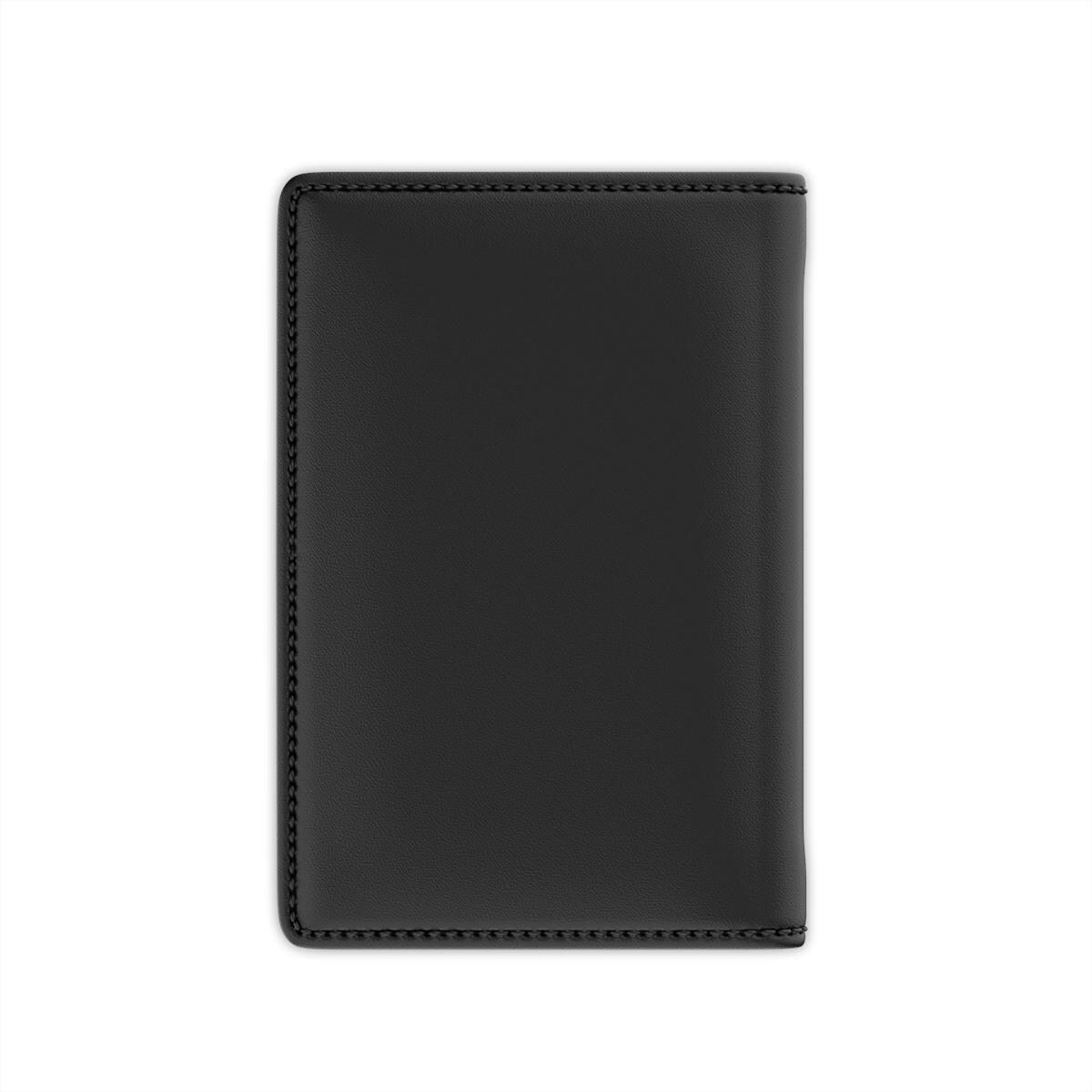 A black leather wallet or card case is shown against a white background.