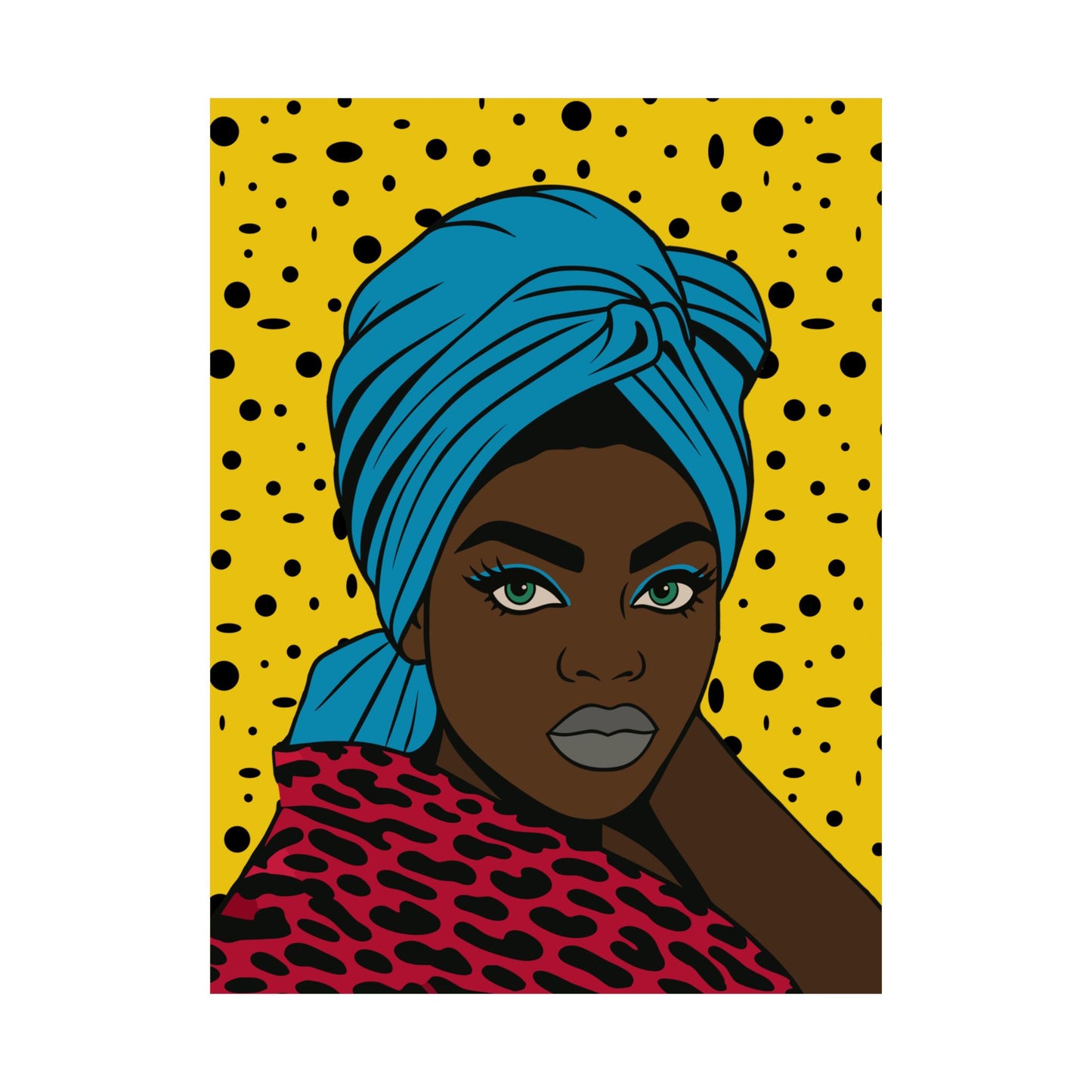 A stylized illustration of a woman wearing a turban and a patterned scarf, set against a yellow background with black polka dots.