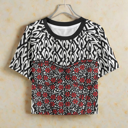 Floral Ankara Crop Top: Red, White & Black Raglan Shirt