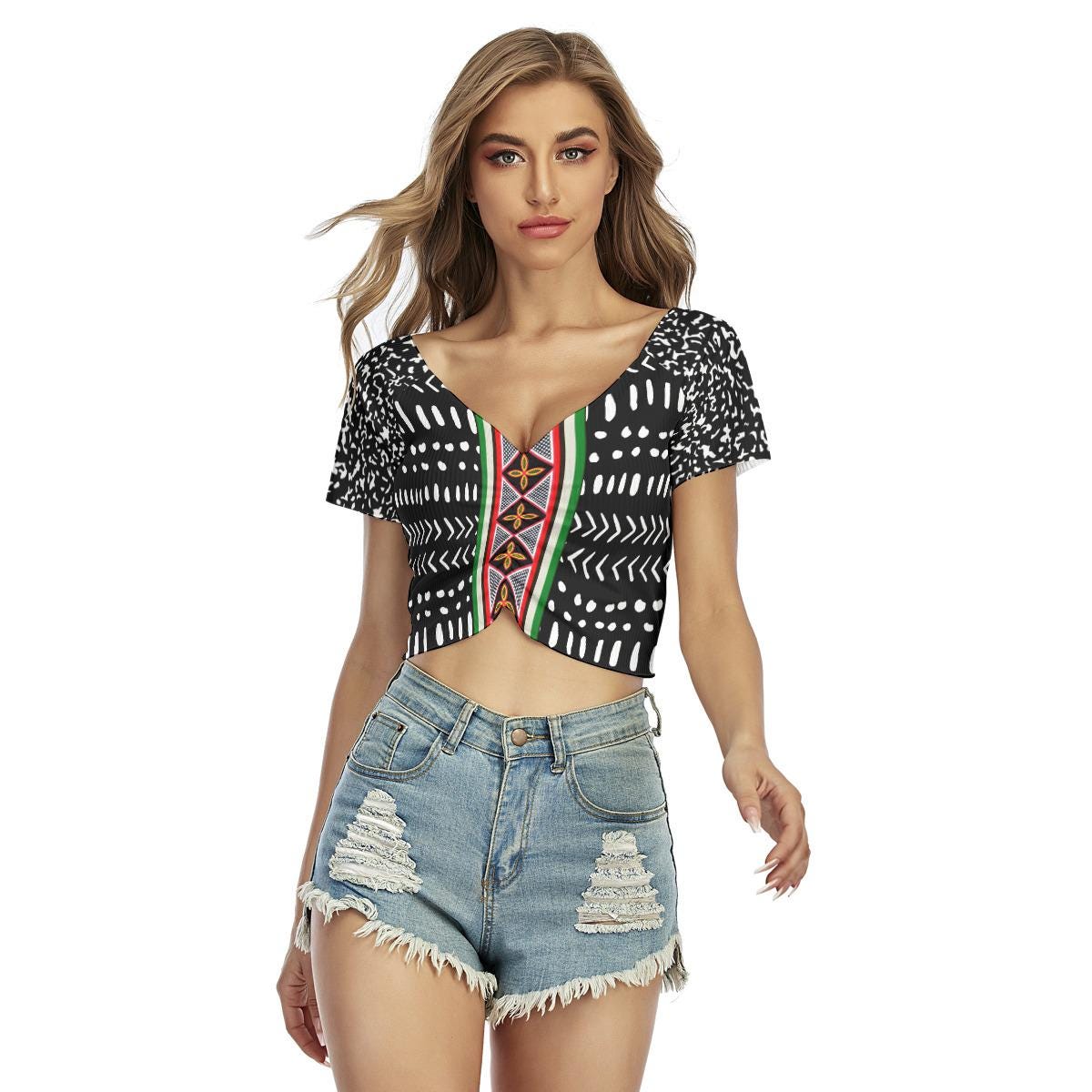 Mudcloth Print Crop Top: African Toghu Stripe, Stretchy Festival Top, Ready to Ship