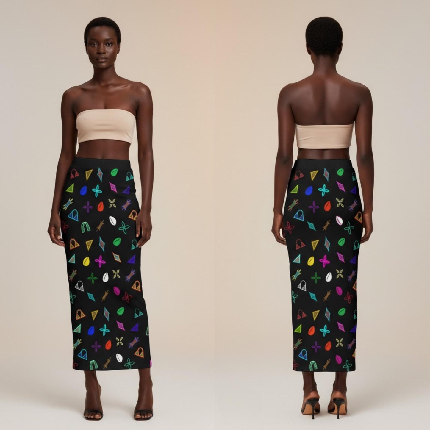 Neon Toghu Shapes Maxi Skirt: Women's Long Side Slit African Fashion, Ready to Ship
