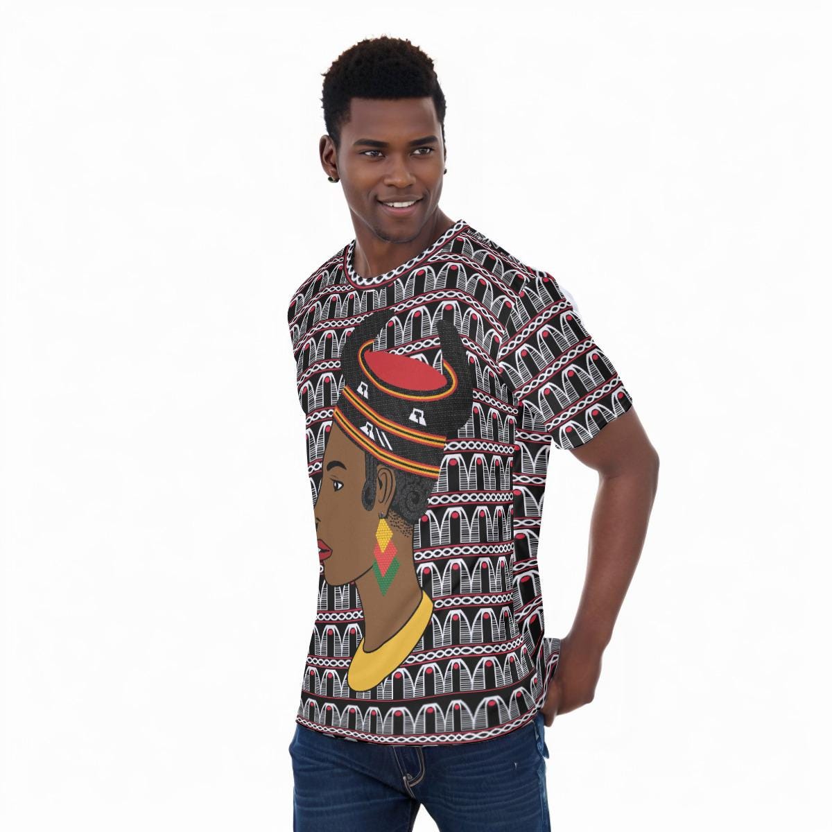 Hok Lady Unisex Athletic Eyebird T-Shirt, Cameroon Toghu Design, Ready to Ship  All-Over Print T-Shirt