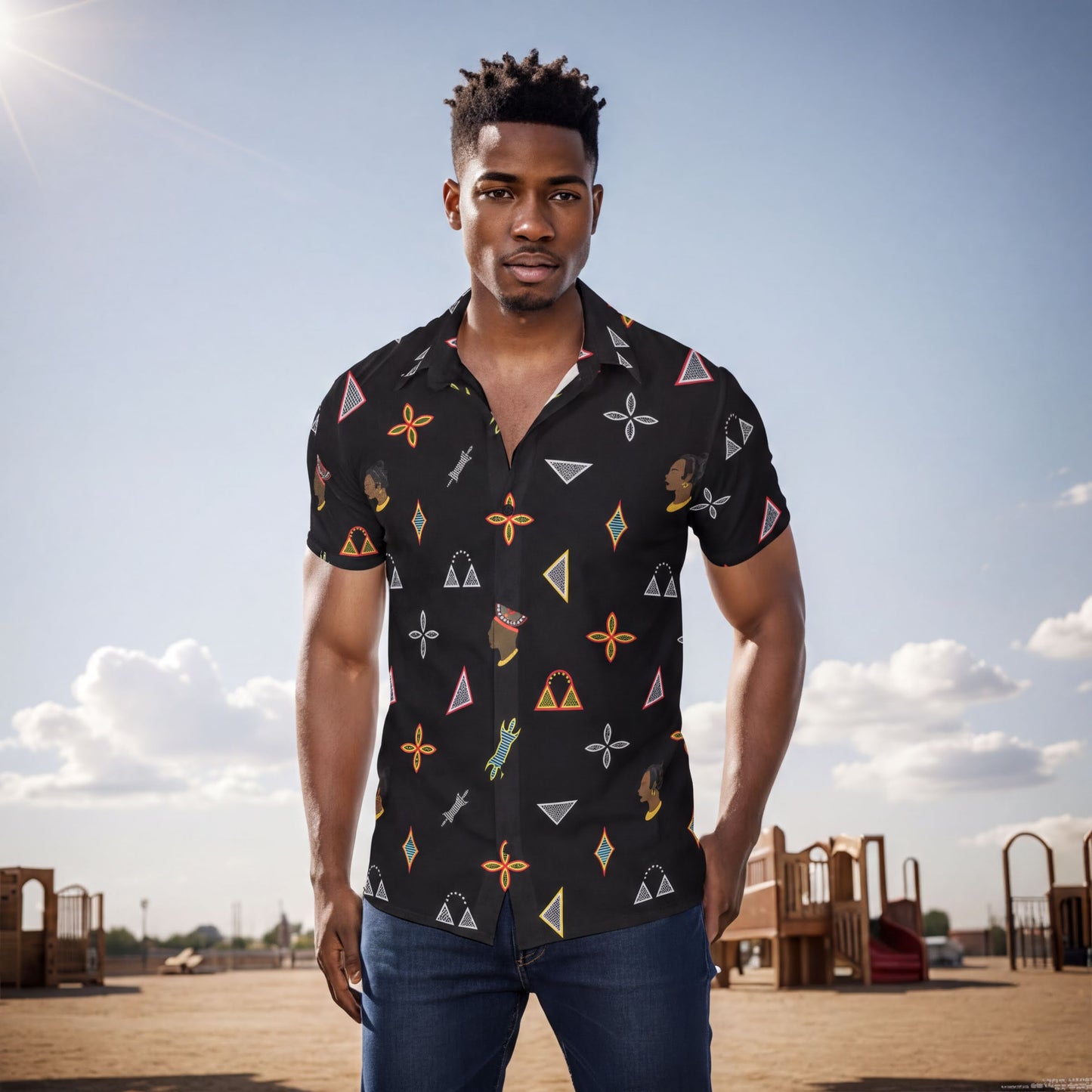 A young man wearing a black shirt with colorful geometric patterns stands in a park, with a clear blue sky and clouds in the background.