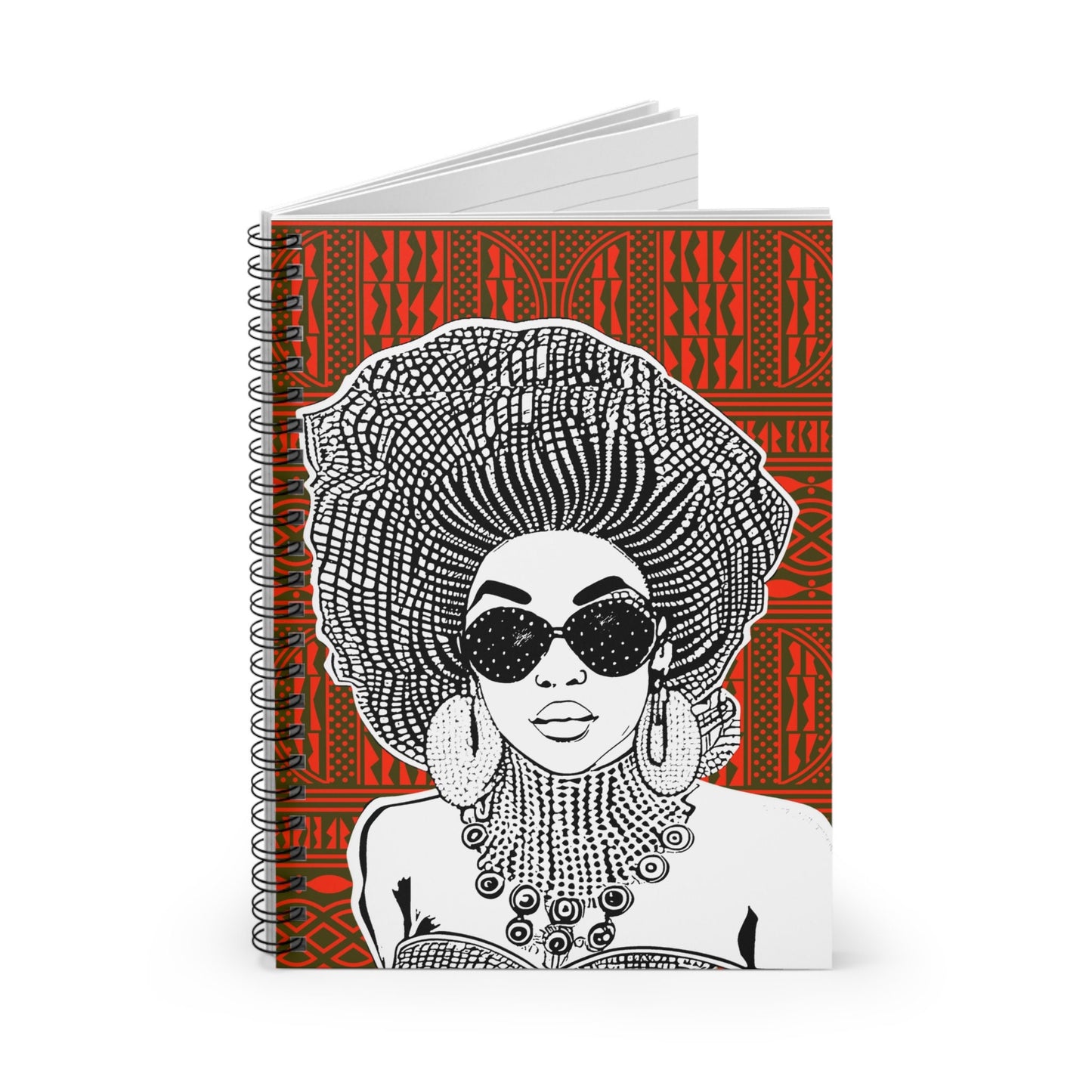 Madame Headtie(BW) - Red Ndop backdrop Spiral Notebook, Front Cover Print - Ruled Lines