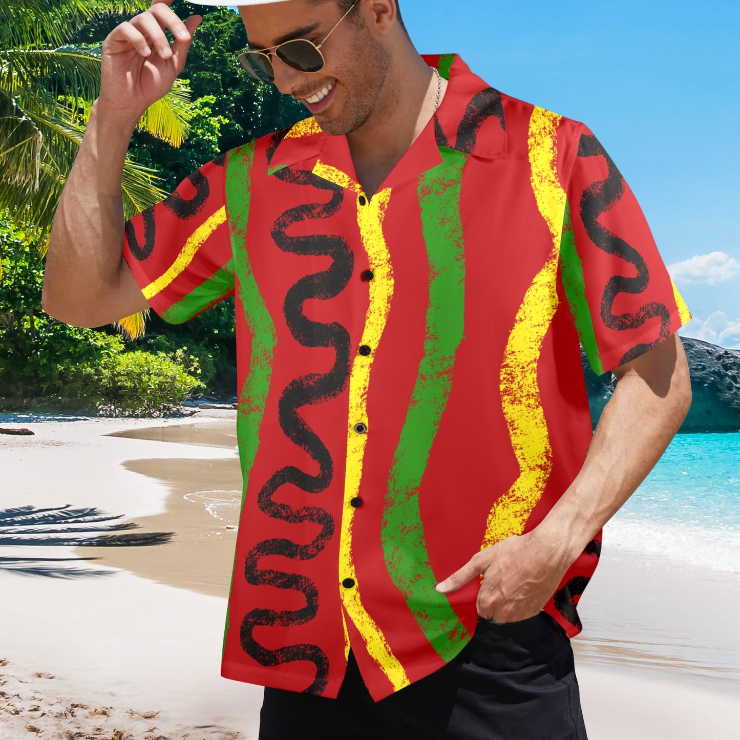 Red Rhythms Men's  Hawaiian shirt,  Afrocentric Abstract Swirl Four Way Stretch All Over Print Hawaiian Shirt