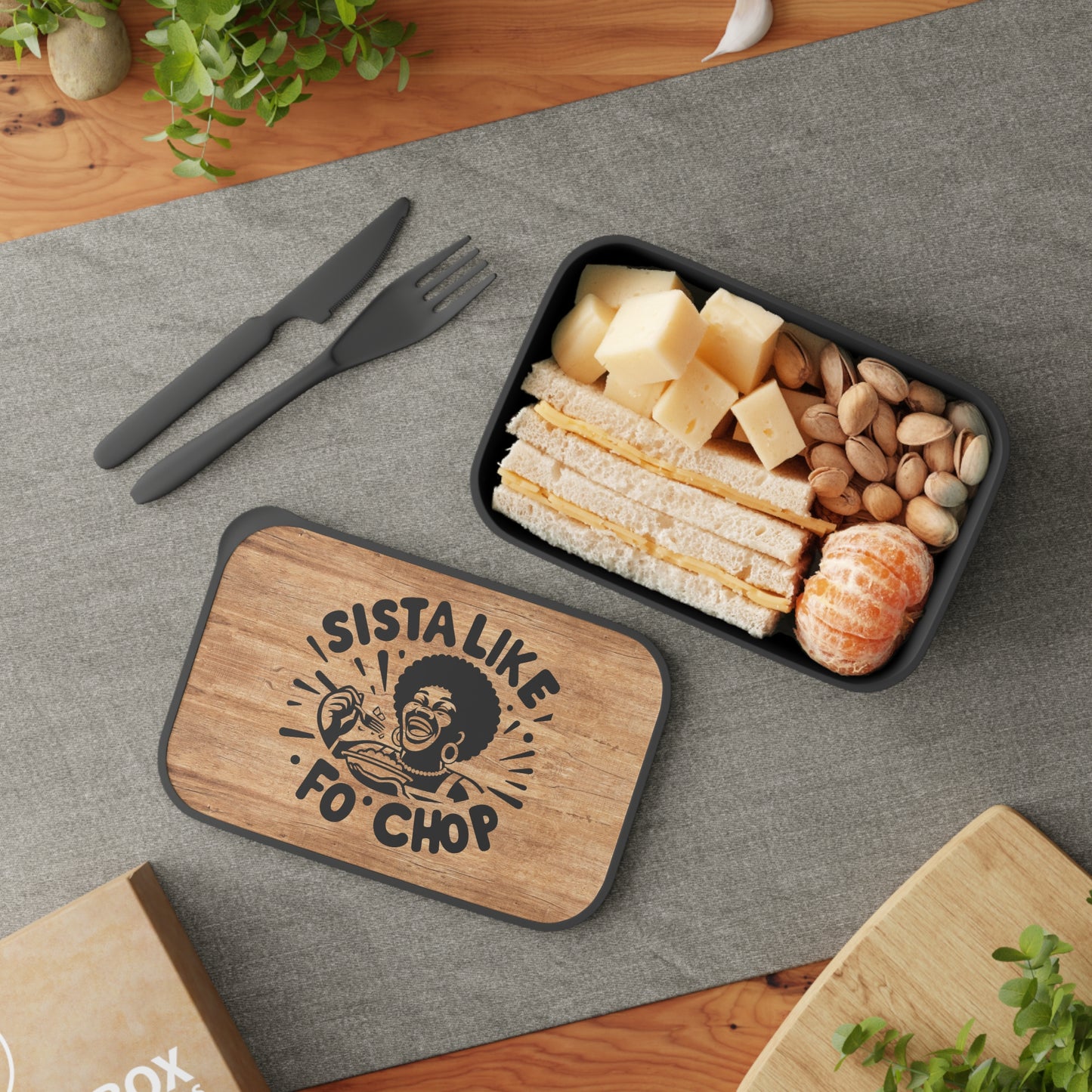 PLA Bento Box — “Sista Like Fo’ Chop” Wooden-Look Eco Lunchbox with Utensils