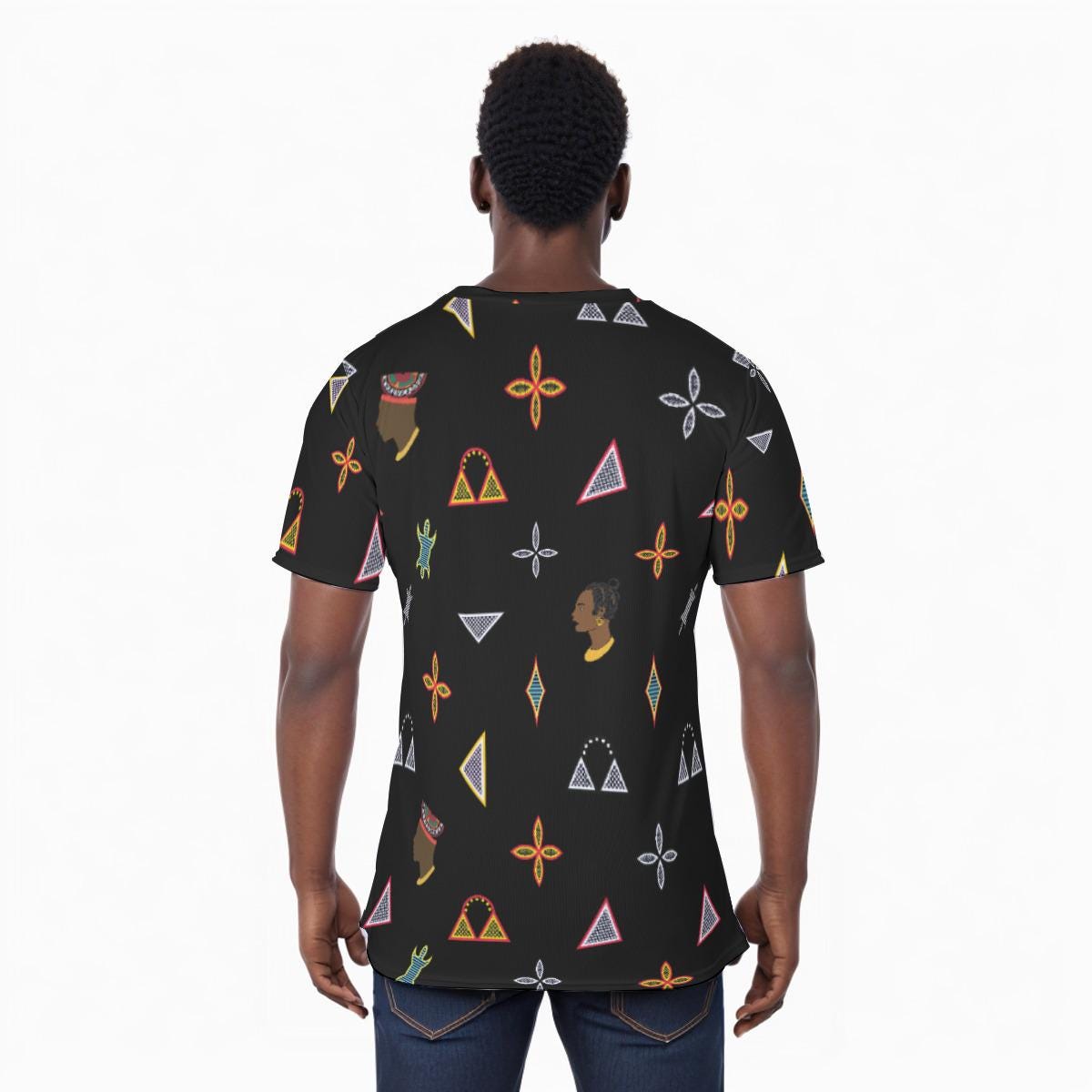 MMA All-Over Print T-Shirt, Cameroon Toghu Shapes, Athletic Eyebird Fabric Tee, Ready to Ship