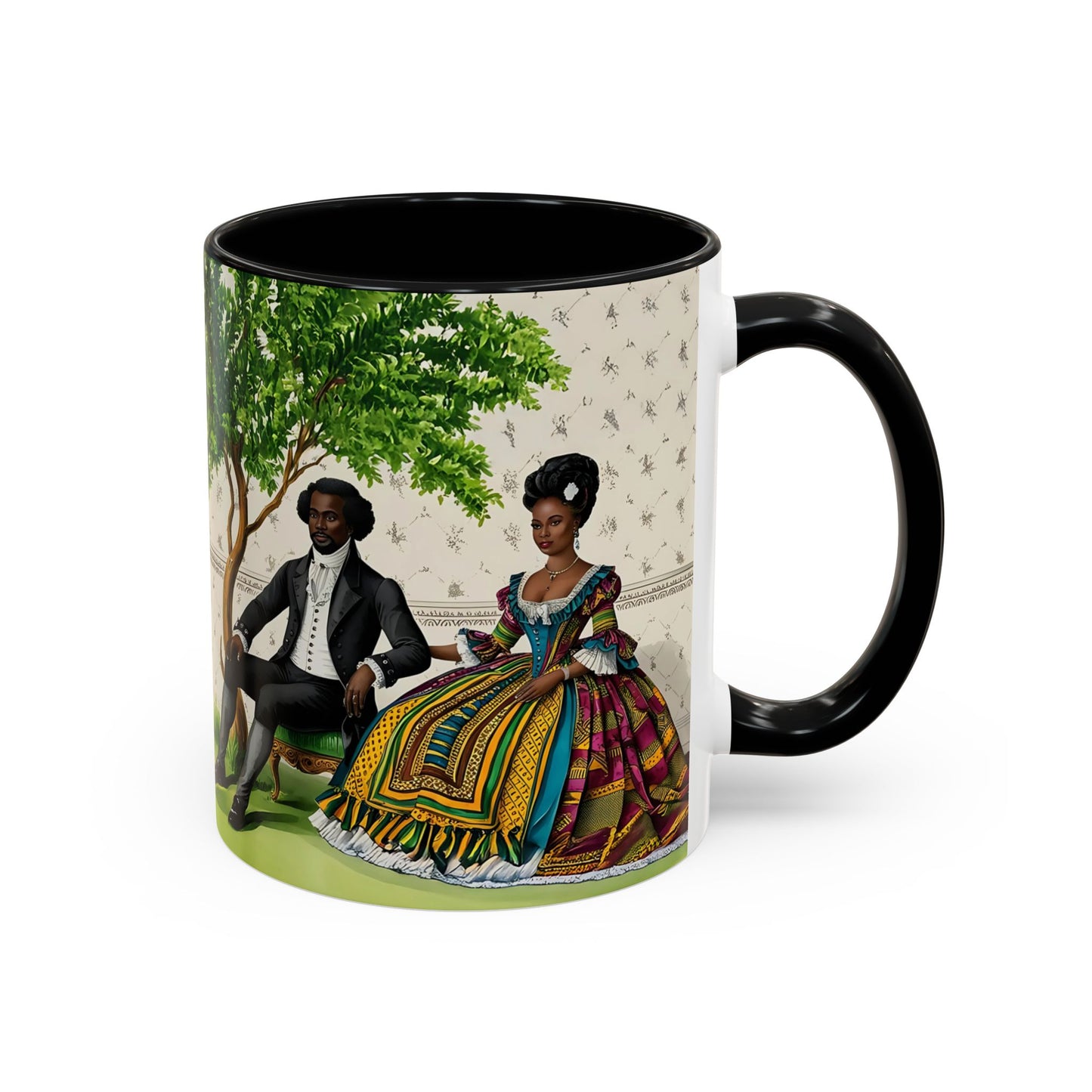 Toile Victorian African Couple Ceramic Accent Coffee Mugs (5 Colors), 11oz, 15oz