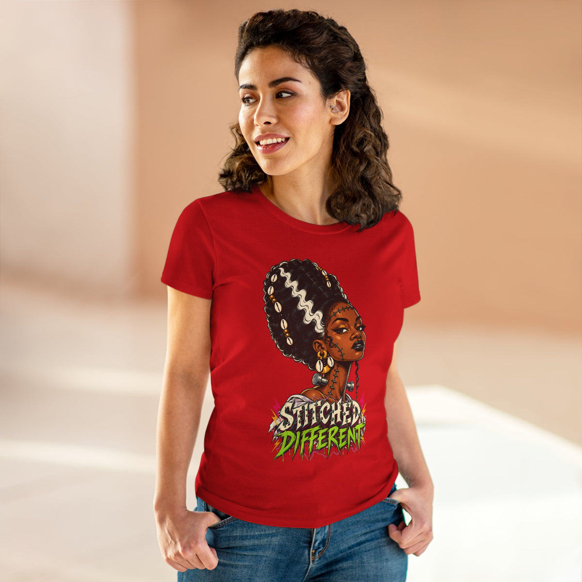 Stitched Different Afro Punk Portrait Tee, Halloween Women's Cotton Cotton T-Shirt