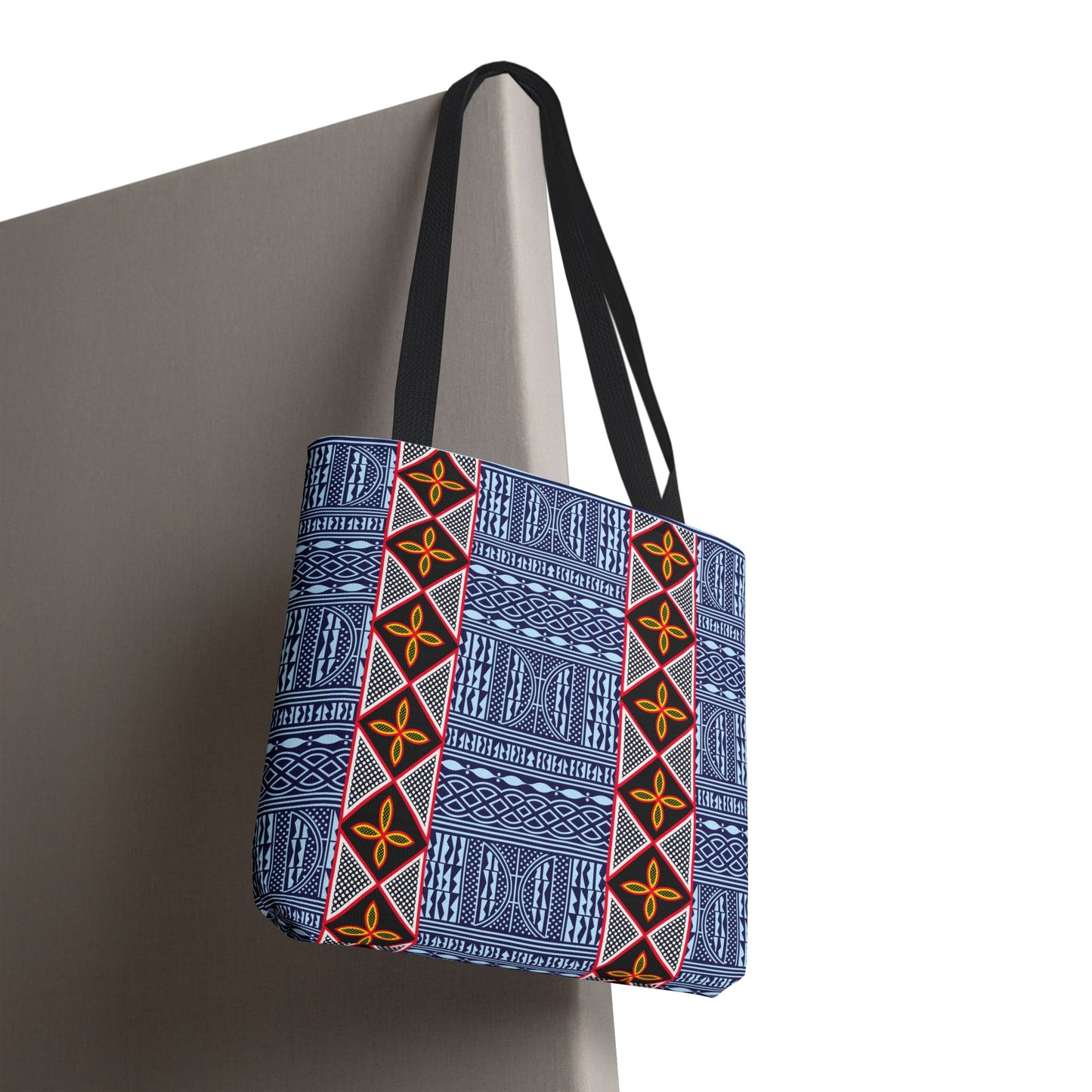Blue Tribal Ndop Pattern Canvas Tote | Geometric Ethnic Print, Vertical Toghu Stripes