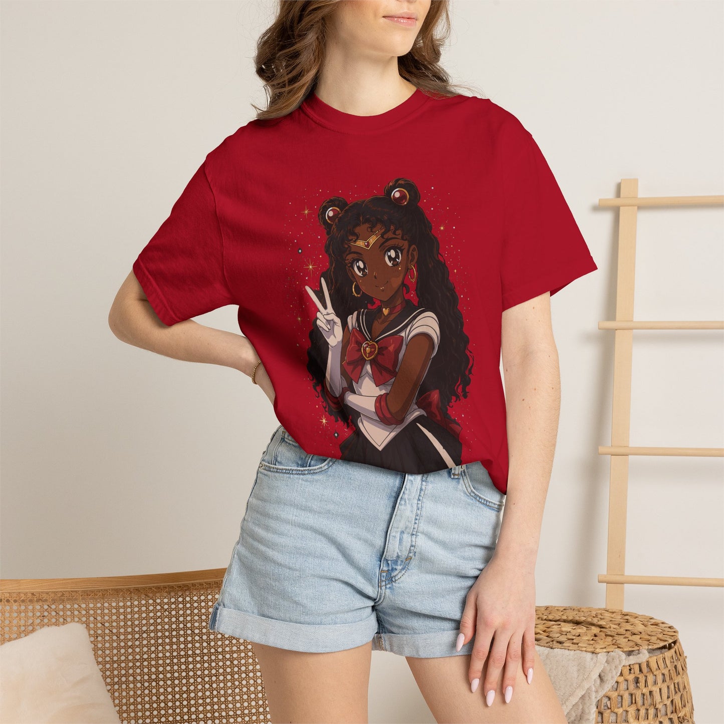 Melanin Magic Anime Tee, Black Anime Girl Shirt, Afro Magical Girl Tee, African Streetwear Graphic, Unisex Garment-Dyed T-Shirt