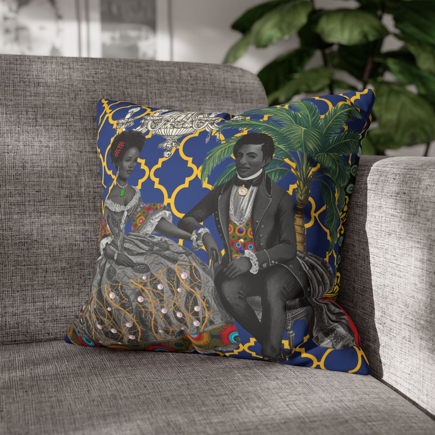 Toile Aristocrat Couple on Argyle Faux Suede Pillow Case, Decorative Throw Pillow Case Cover, Unique Home Decor Accent, Square Sofa Accessory