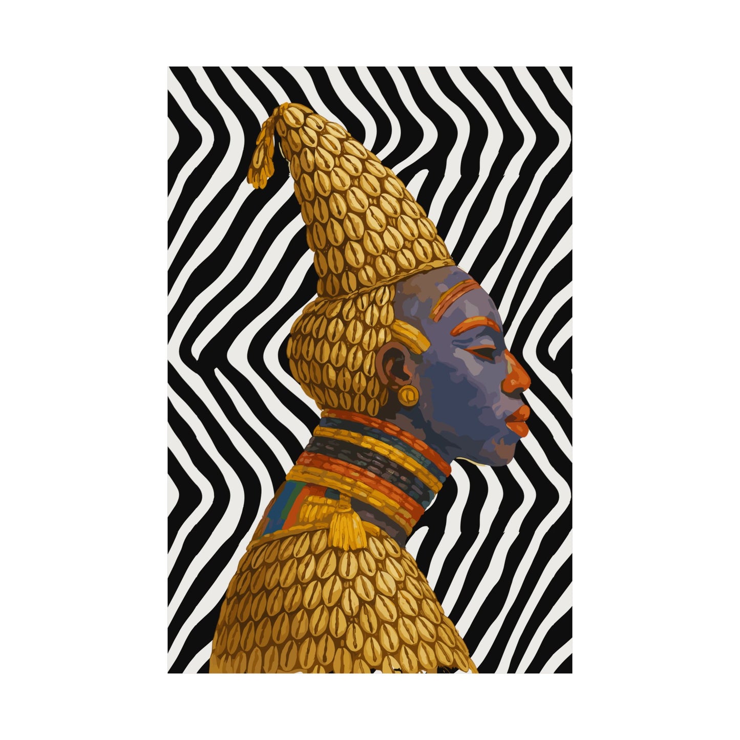 a colorful portrait of a person wearing a golden headdress against a black and white striped background.