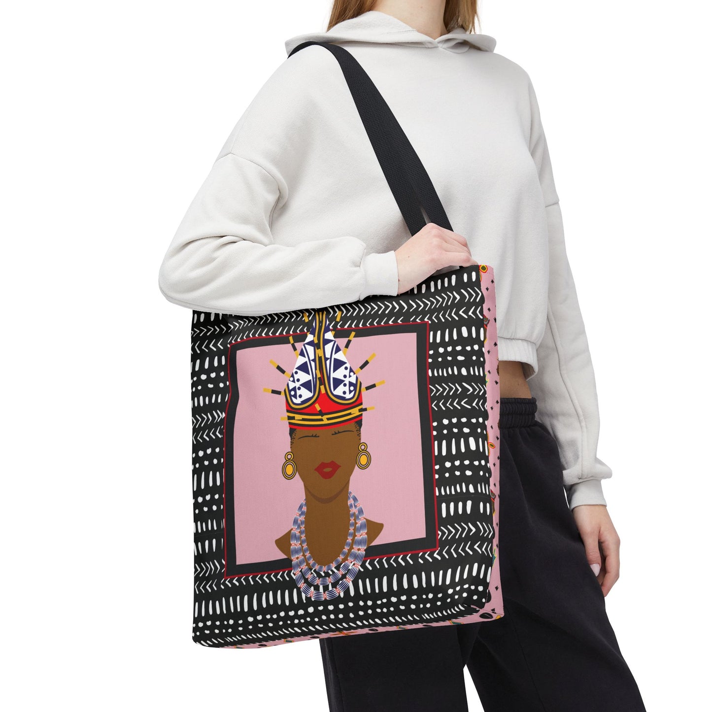African Inspired Spiky Hat Bamileke Bamenda Girl on Pink and Mudcloth AOP Tote Bag, Ethnic Shoulder Bag, Cultural Market Bag, Colorful