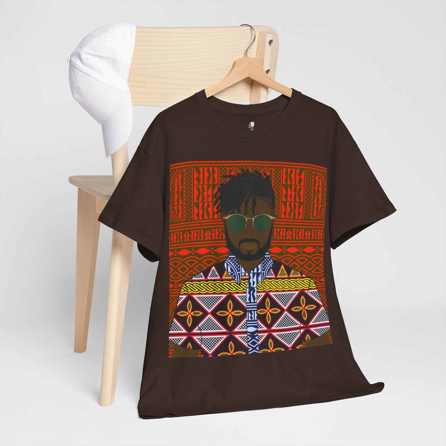 Pascale(Chocolate) in Yellow Toghu on Red Ndop Unisex Heavy Cotton Tee