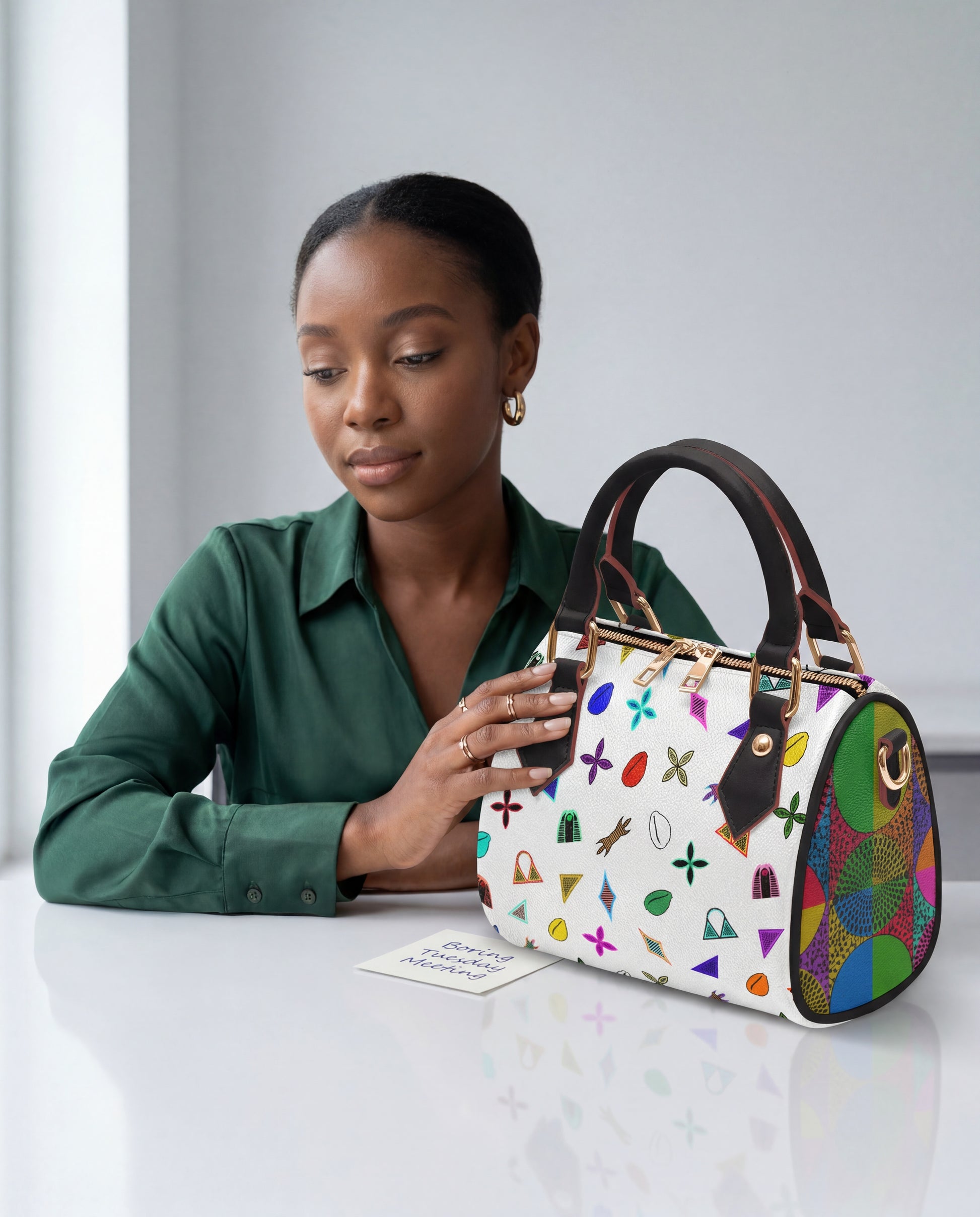 A woman in a green blouse is sitting at a table, holding a colorful handbag with various patterns and designs.