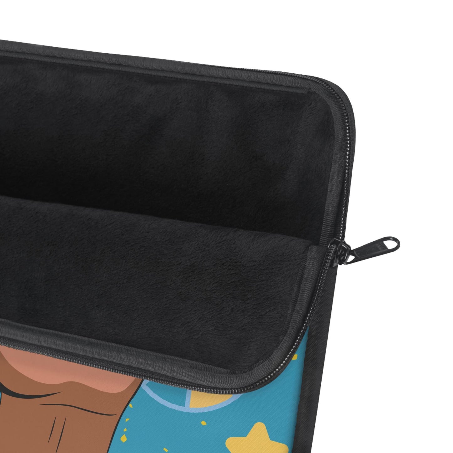 a black laptop sleeve with a colorful design featuring a cartoon character and stars on a blue background.