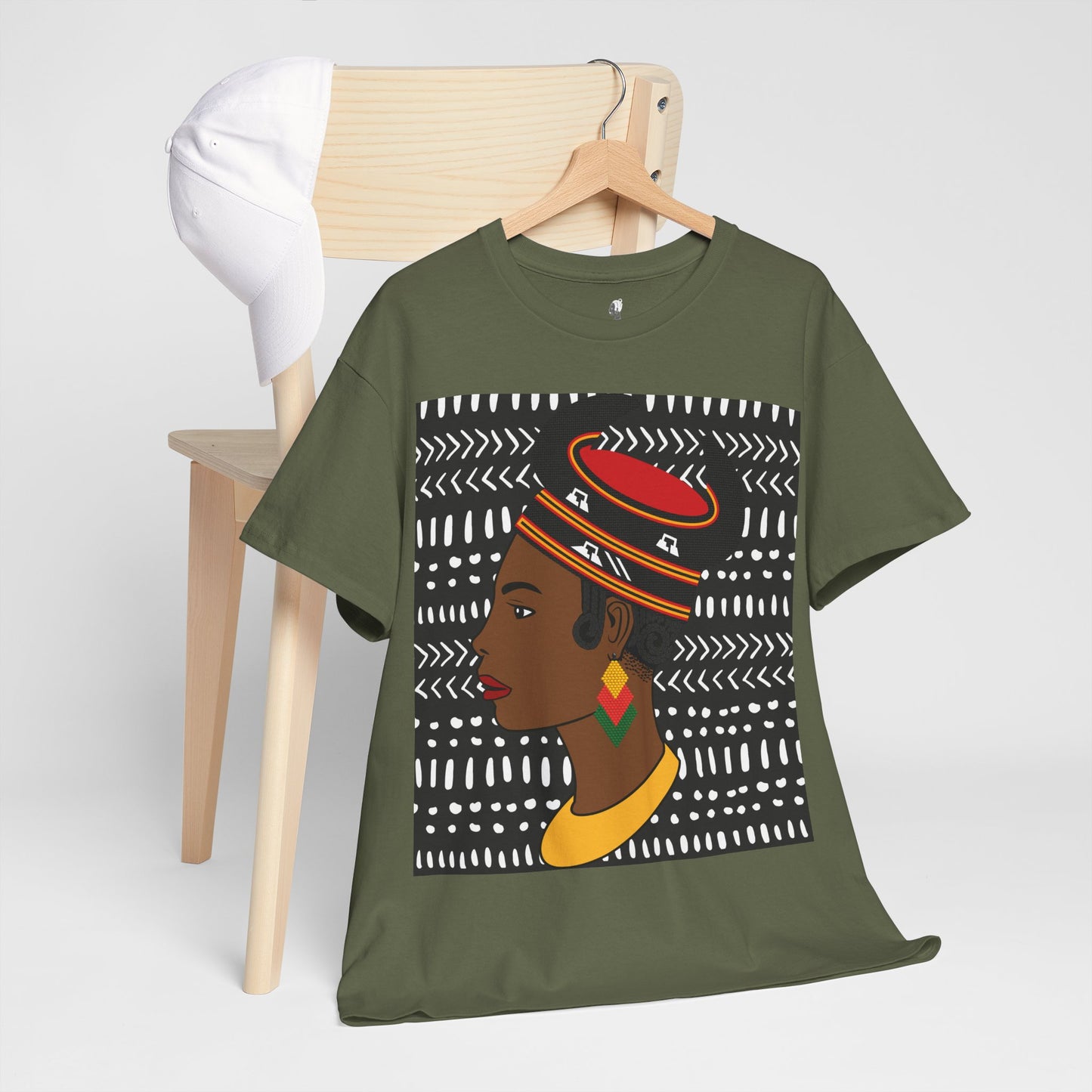 African Lady in Bamenda Bamileke Hat Unisex Tee, Ethnic Mudcloth T-Shirt, Black Boho Shirt, Festival Clothing, Afrocentric Top