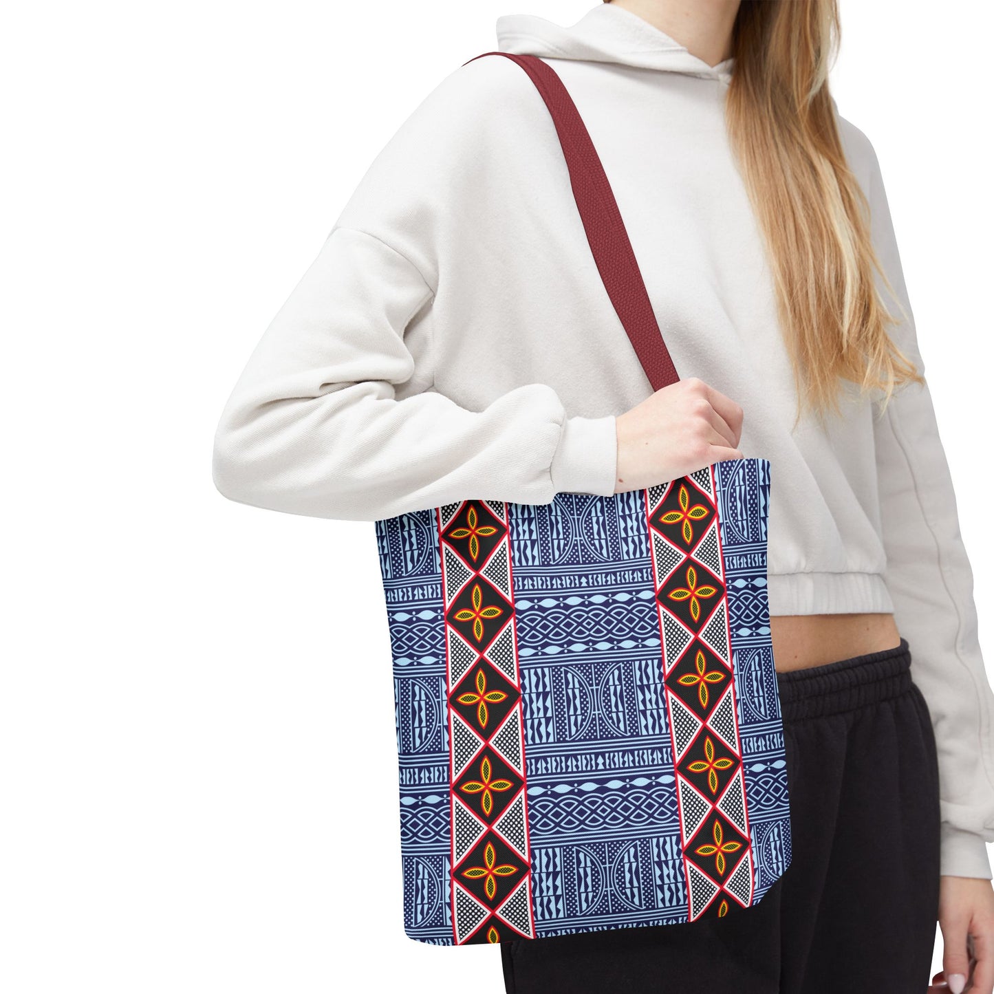 Blue Tribal Ndop Pattern Canvas Tote | Geometric Ethnic Print, Vertical Toghu Stripes