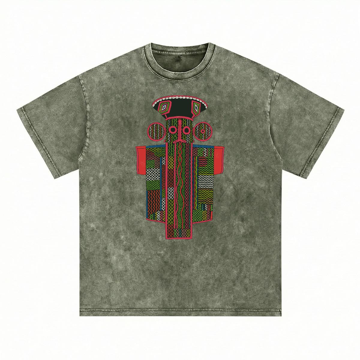 The image is a gray t-shirt with a colorful, abstract design featuring a stylized figure or creature with a headdress and a patterned body.