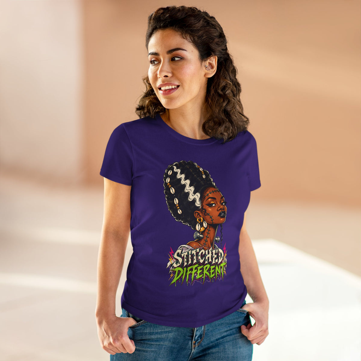Stitched Different Afro Punk Portrait Tee, Halloween Women's Cotton Cotton T-Shirt