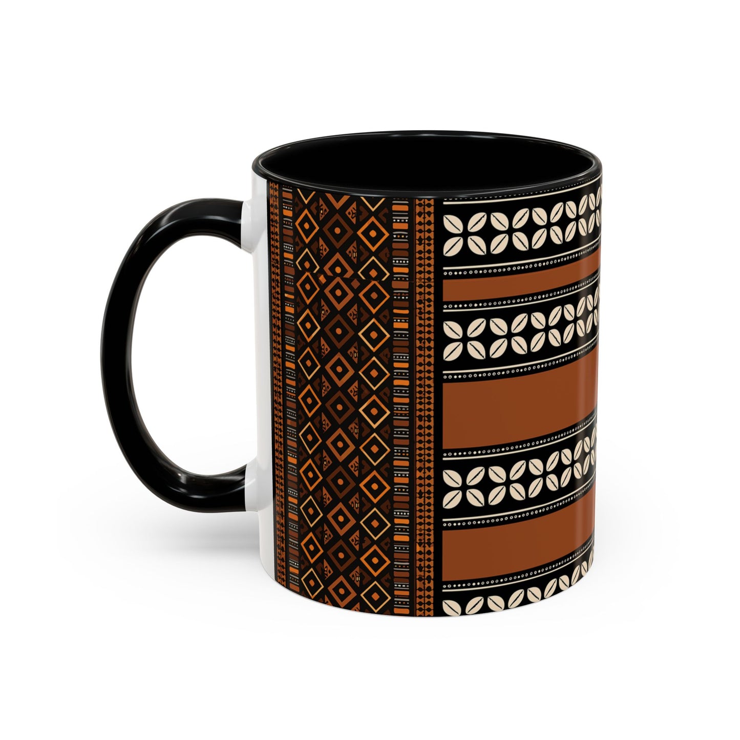 Mudcloth and Cowries Ceramic Coffee Mug (11, 15oz) in 4 Colors, 2 Sizes, Unique African Print Design