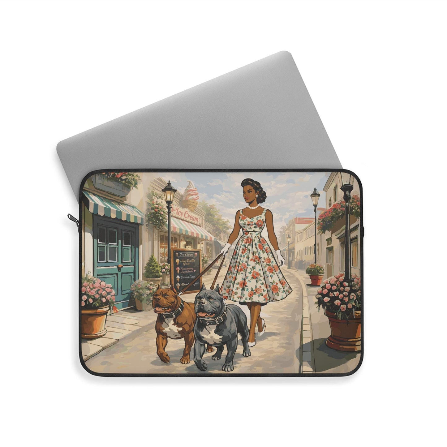 A woman in a floral dress is walking down a street with two dogs on leashes, surrounded by potted plants and a storefront.