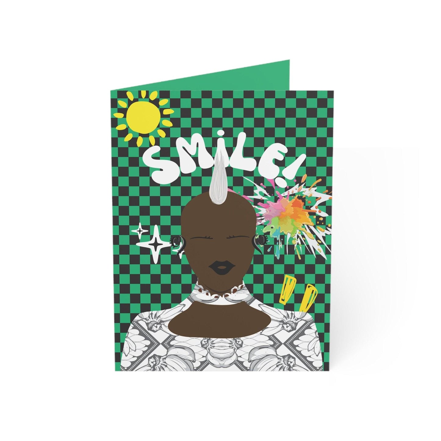 Smiling Mohawk N - Green checkers  Green African Greeting Cards (1, 10pcs)