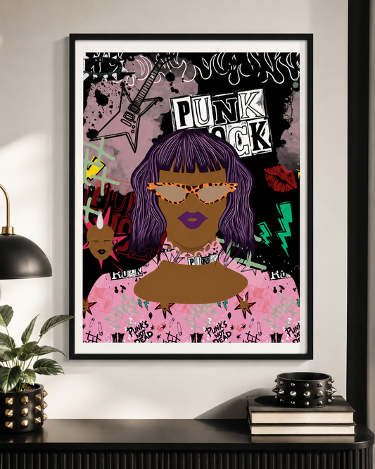 The image is a framed poster featuring a stylized illustration of a woman with purple hair and a pink outfit, surrounded by various graffiti-style elements and text.