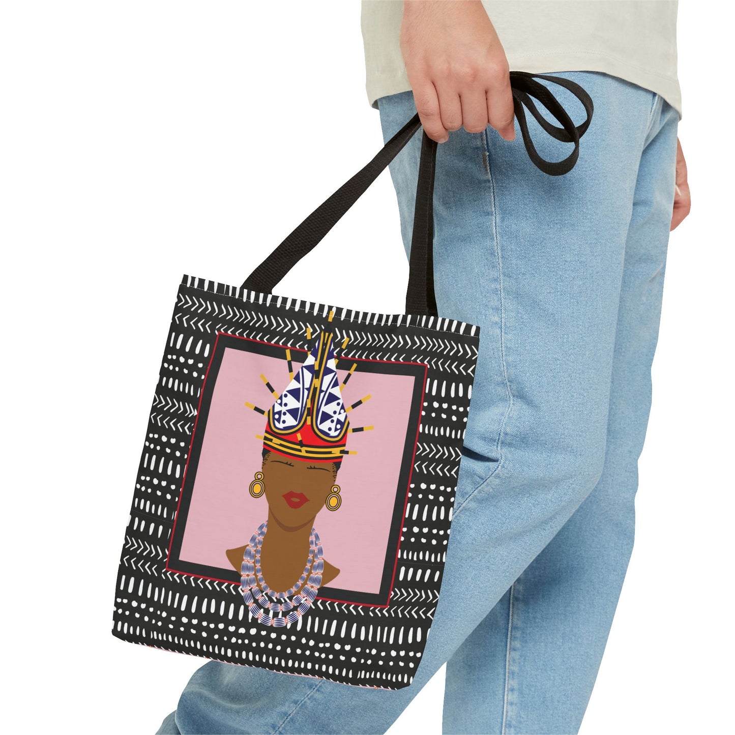 African Inspired Spiky Hat Bamileke Bamenda Girl on Pink and Mudcloth AOP Tote Bag, Ethnic Shoulder Bag, Cultural Market Bag, Colorful