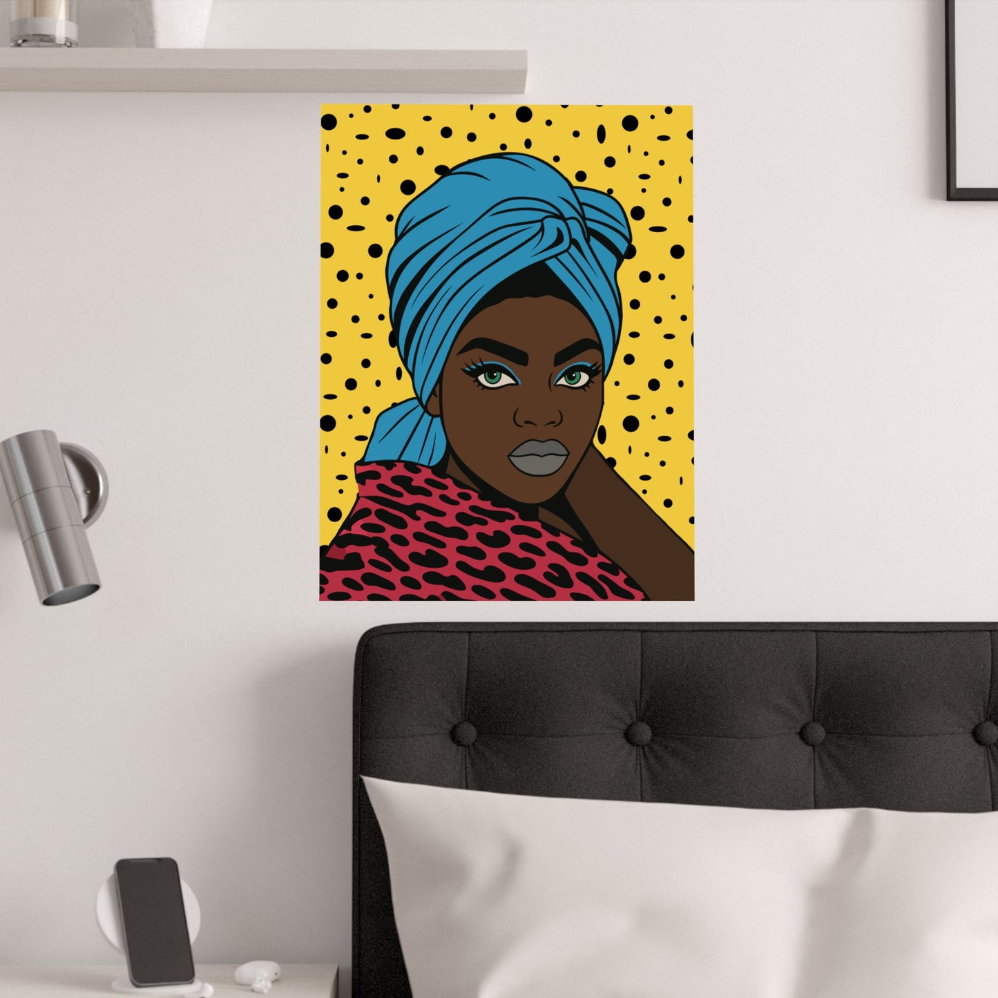 Turbanique Black Girl Wall Art, Satin Poster, Leopard Robe and Blue Turban Satin Poster, Modern Boho Home Decor