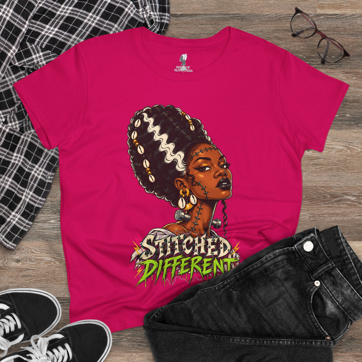 Stitched Different Afro Punk Portrait Tee, Halloween Women's Cotton Cotton T-Shirt