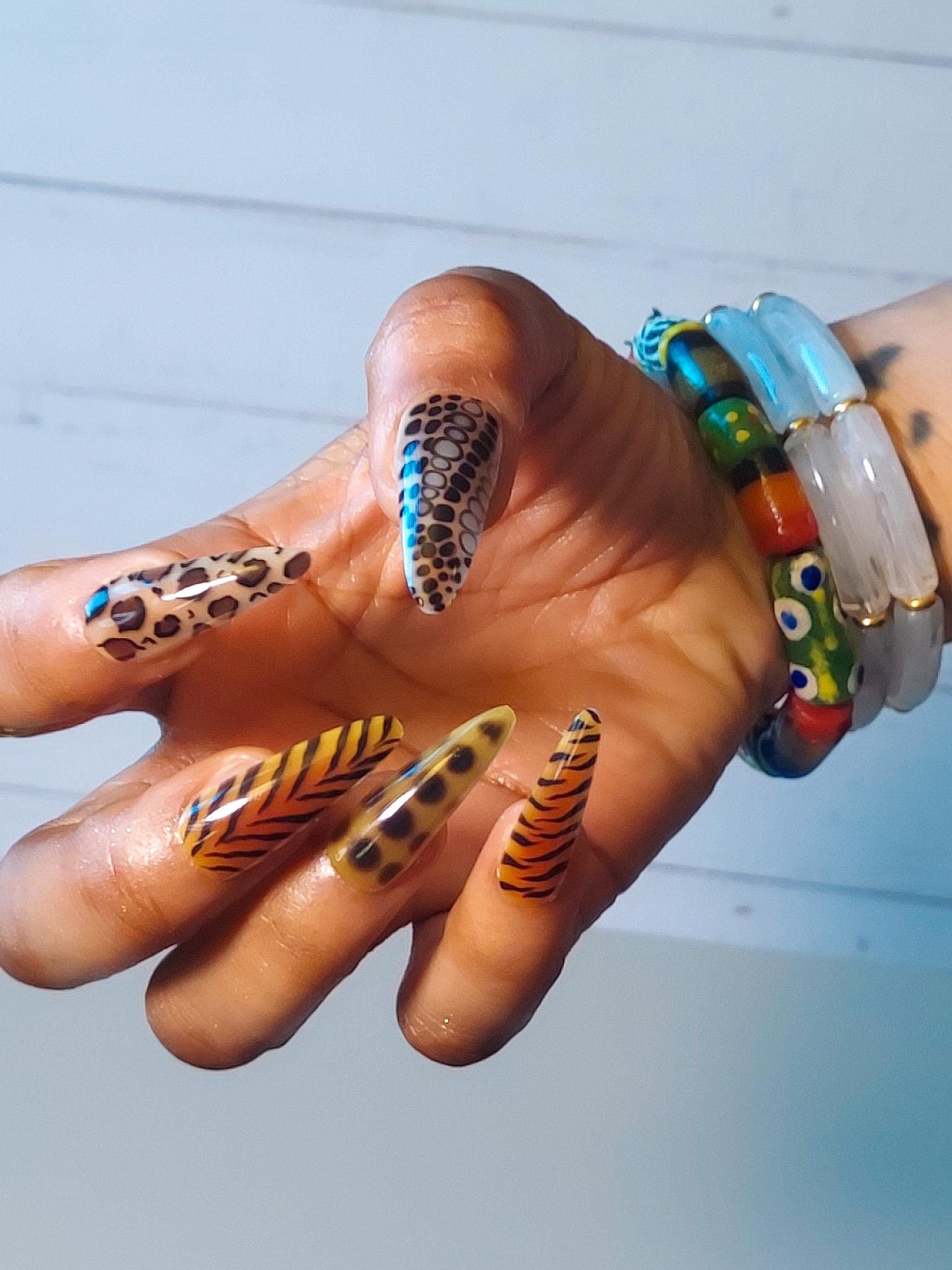 Leopard Zebra Long Stiletto Press On Nails,  Animal Print, 10pcs