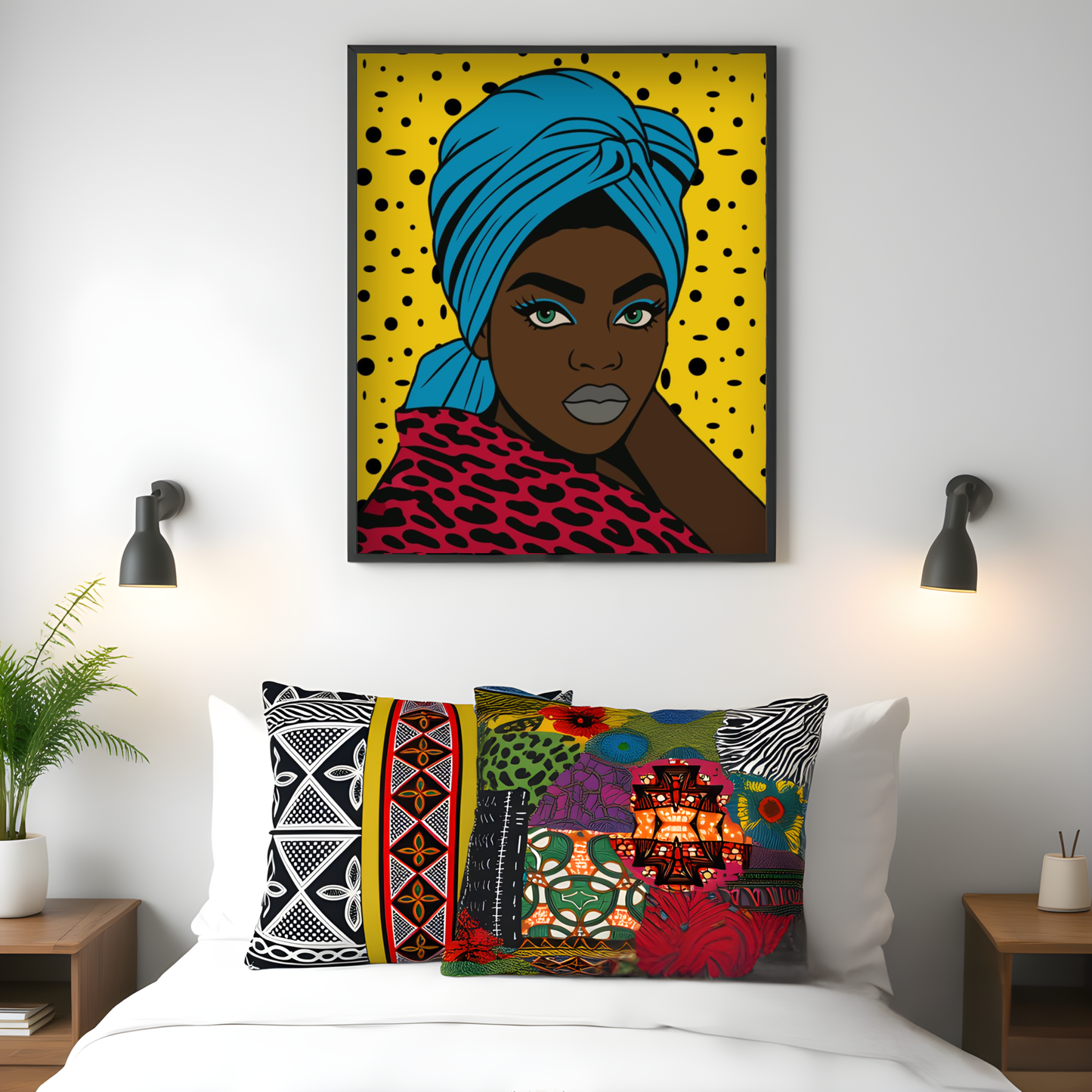 Turbanique Black Girl Wall Art, Satin Poster, Leopard Robe and Blue Turban Satin Poster, Modern Boho Home Decor