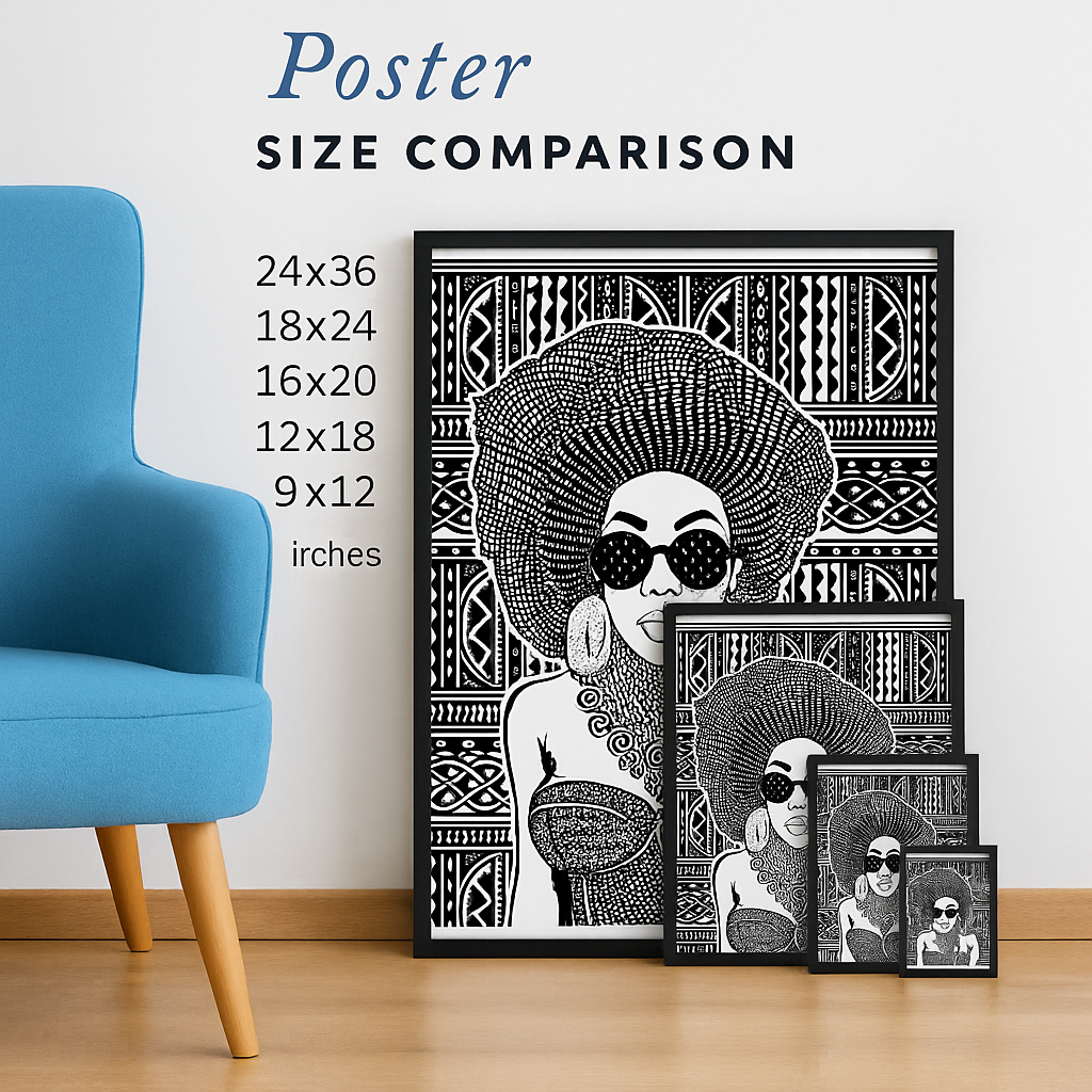 The image is a poster size comparison featuring a black and white illustration of a woman with a large headdress, along with various sizes of the same poster.