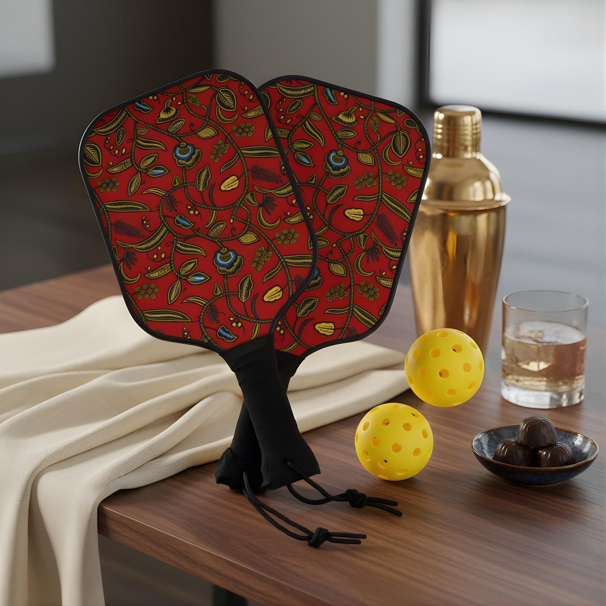a pair of red paddleball rackets with a floral pattern, a gold cocktail shaker, a glass of water, a bowl of olives, and two yellow plastic balls on a wooden table.