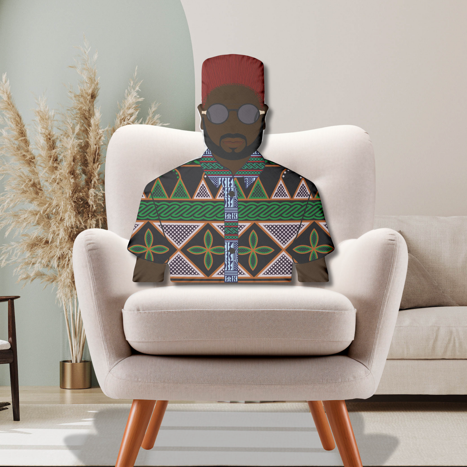 A stylized illustration of a person wearing a colorful patterned shirt, sitting in a white chair in a living room setting.
