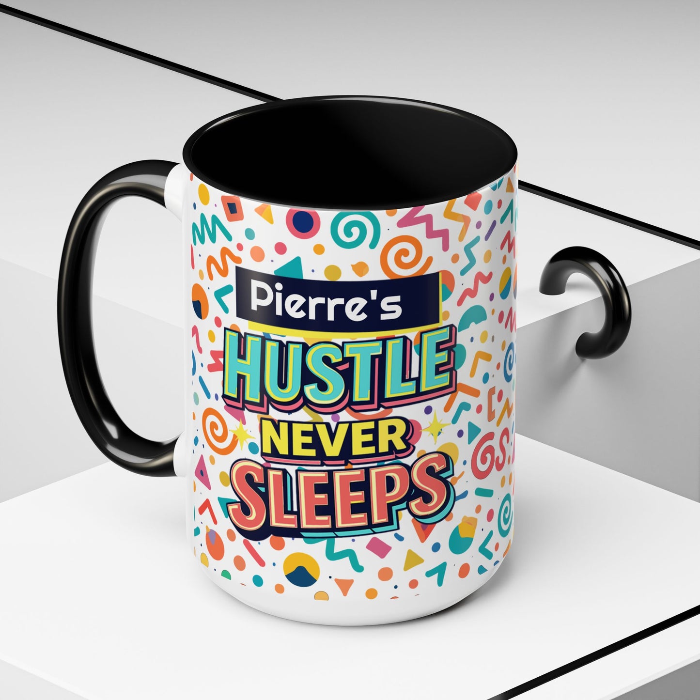 Personalized, Hustle Never Sleeps Two-Tone Ceramic Mug  (6 Colors , 11oz & 15oz)