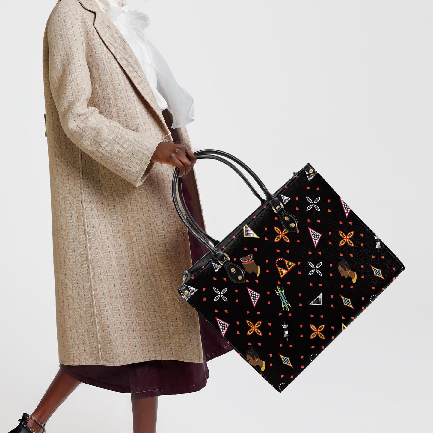 African Print Vegan Leather Tote Bag: Toghu shapes
