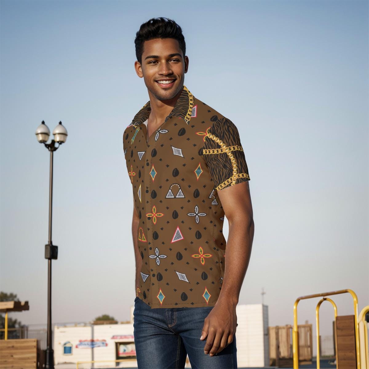 Mens Toghu African Print Button-Up Shirt: Deep Brown Zebra