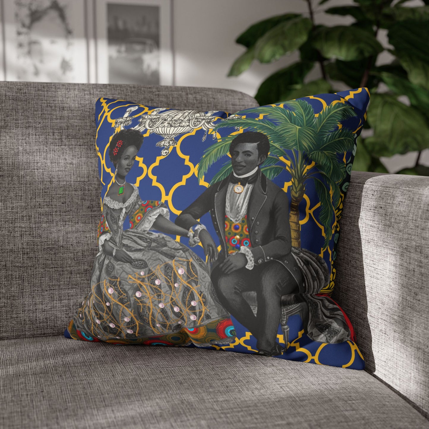 Toile Aristocrat Couple on Argyle Faux Suede Pillow Case, Decorative Throw Pillow Case Cover, Unique Home Decor Accent, Square Sofa Accessory
