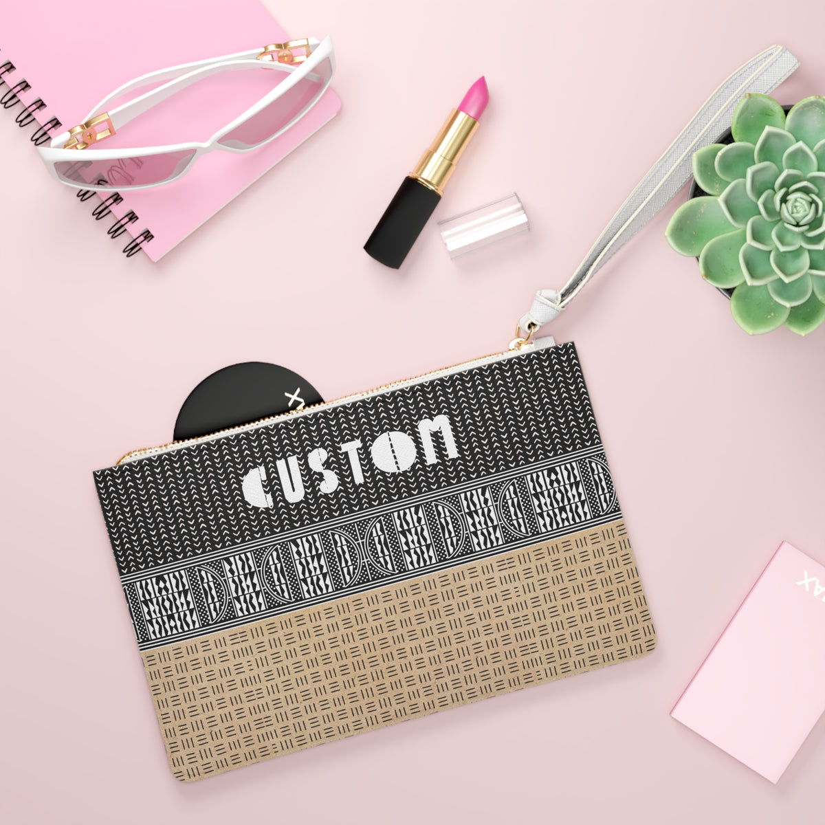 Personalized Mudcloth Print Wristlet: Vegan Leather Clutch Bag
