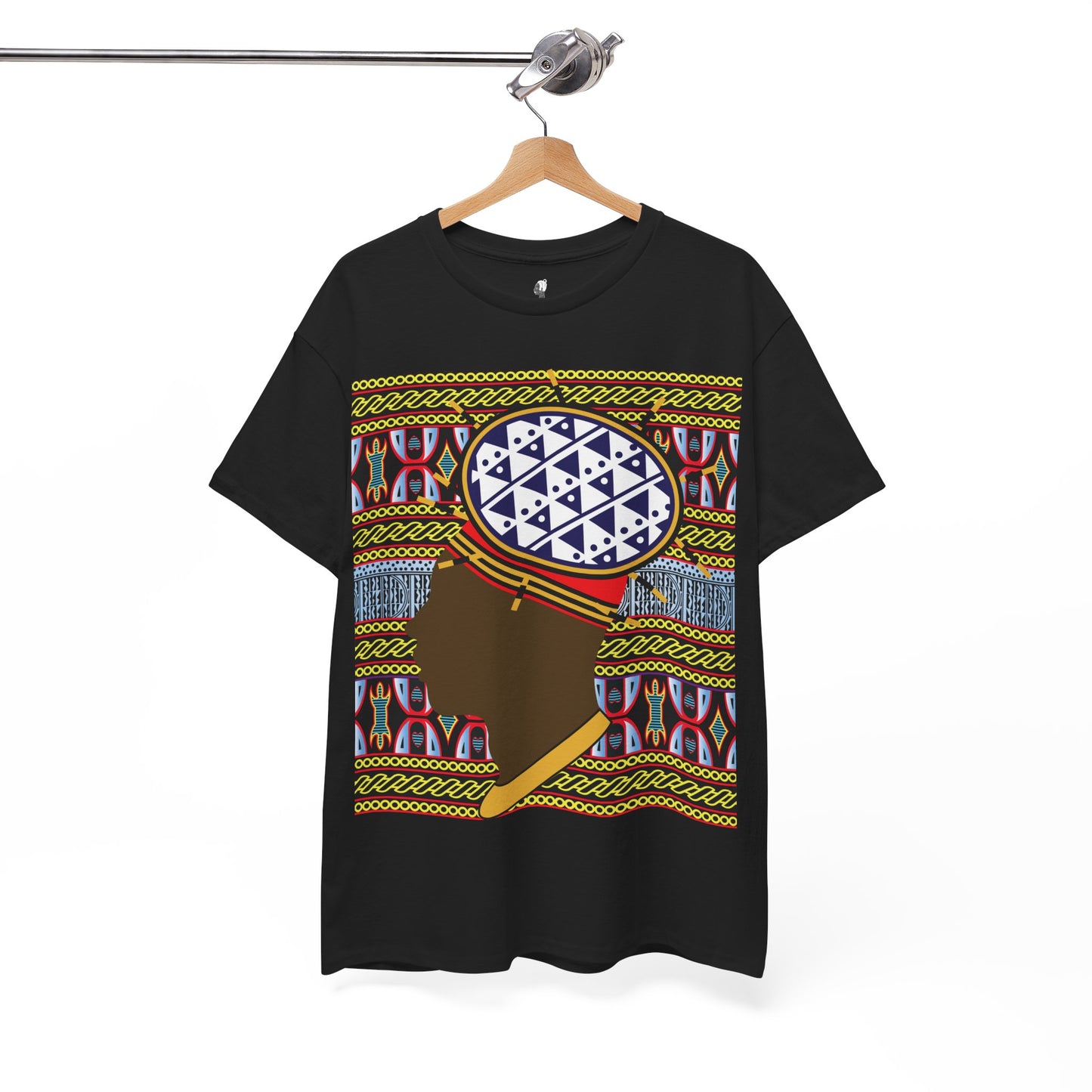Man in Spiky Bamenda Bamileke Hat Chocolate on Black Mudcloth Unisex Heavy Cotton Tee