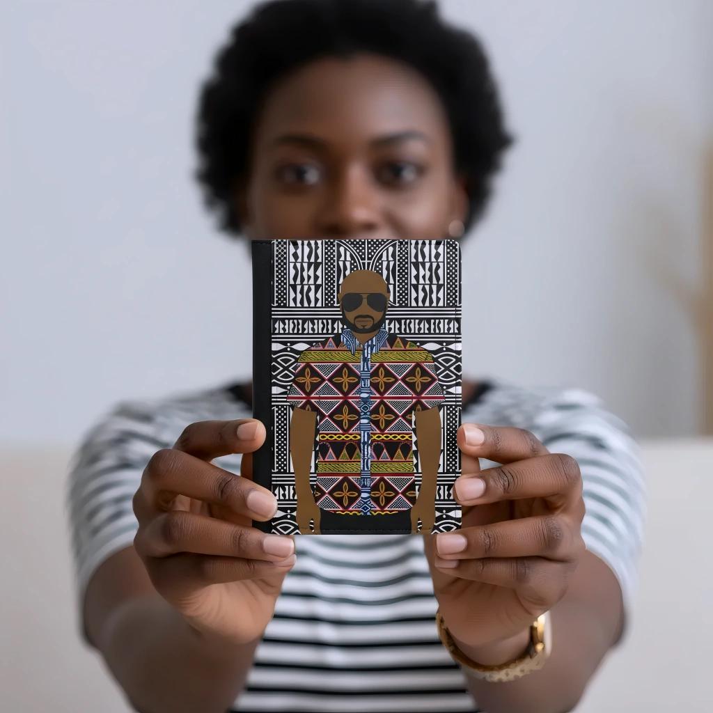 A person holding a book with a colorful, patterned cover in front of them.