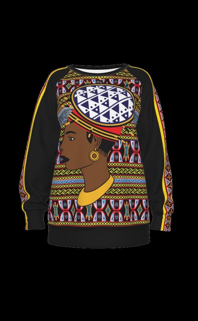 Bamileke Hat Lady, Women's Raglan Sleeve Sweatshirt, on Toghu and Ndop Print All-Over Print