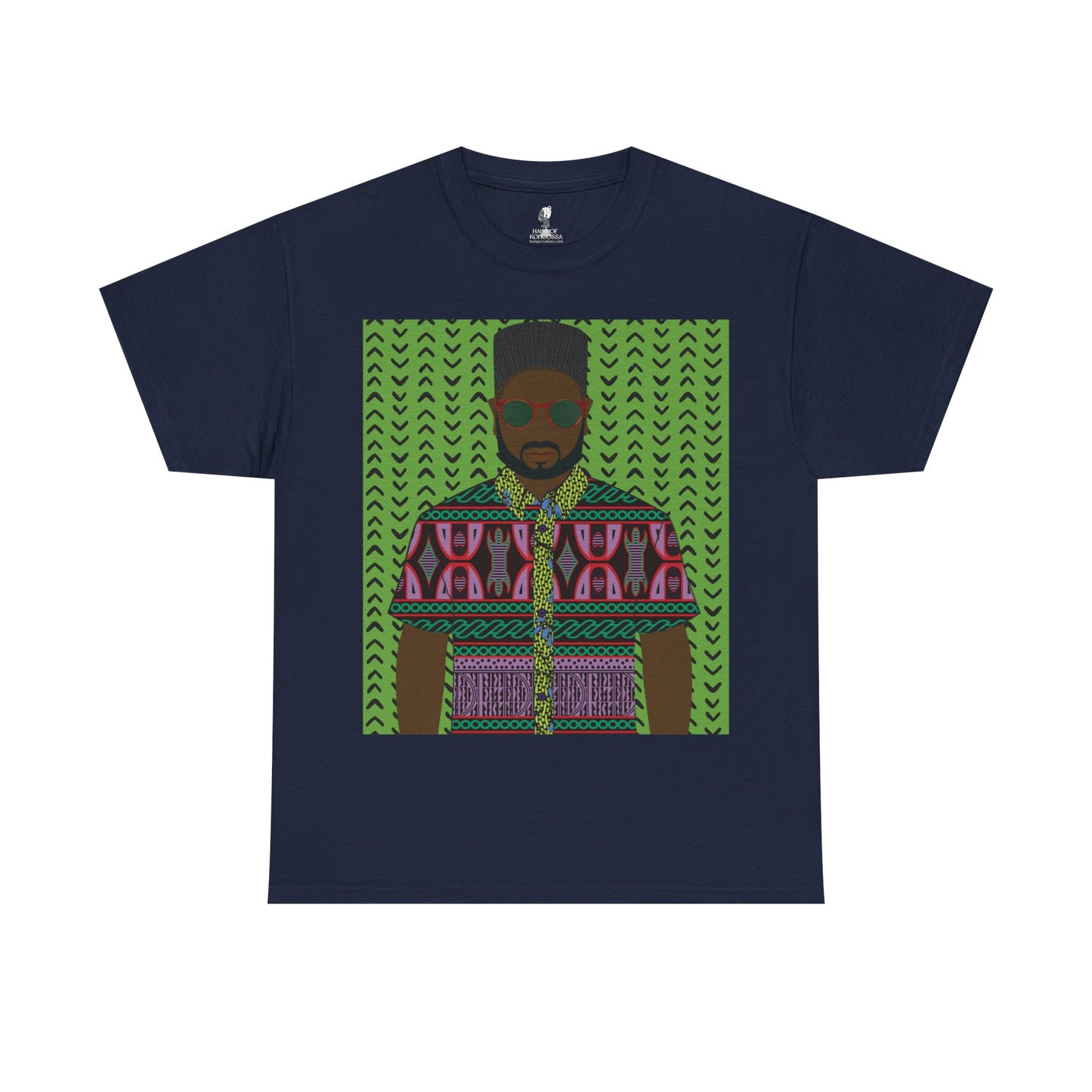 Phillipe(Chocolate) in Purple Toghu on Green Mudcloth Unisex Heavy Cotton Tee