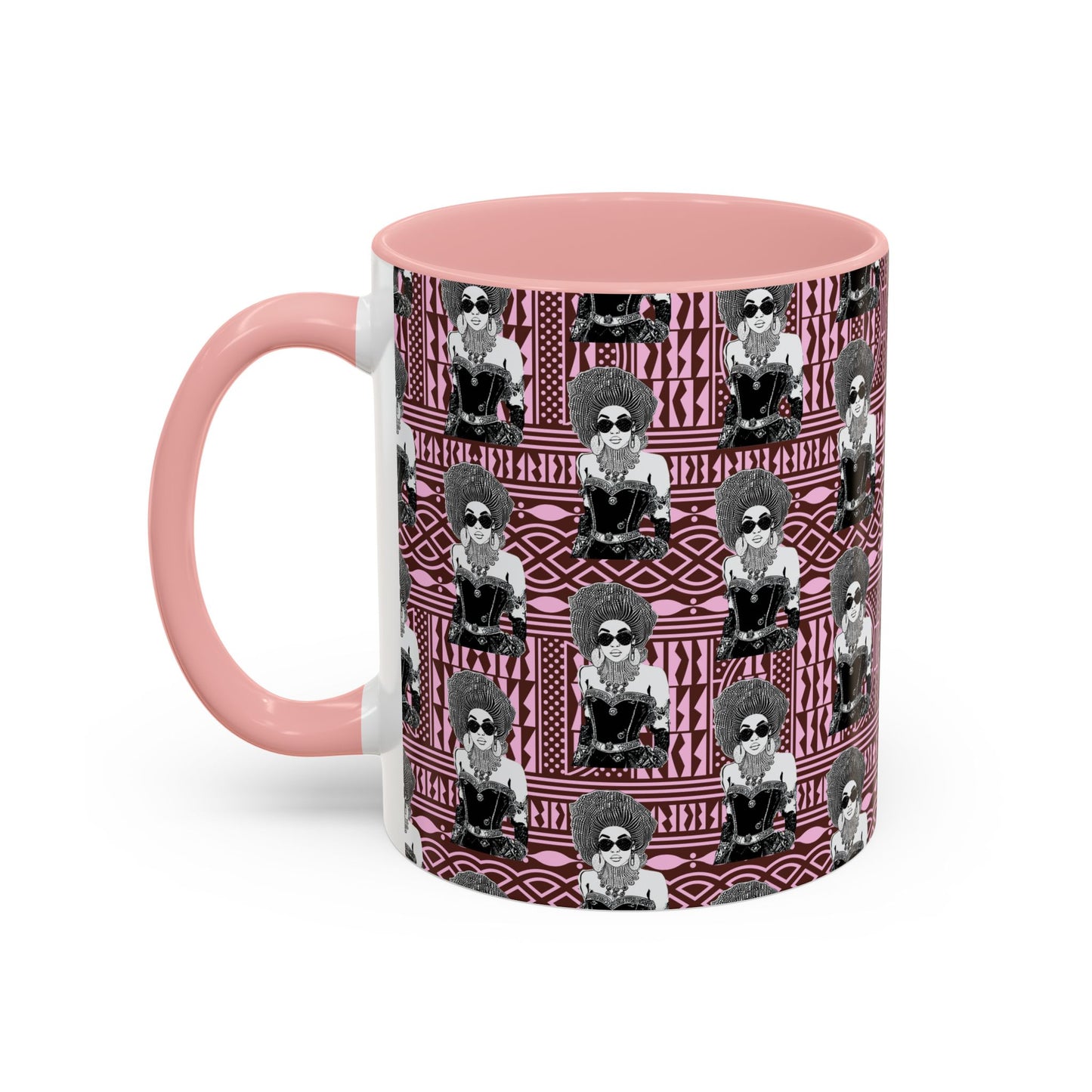 Madame Headtie(BW) Two-Tone Ceramic Coffee Mugs on Pink Ndop (4 Colors), 15oz