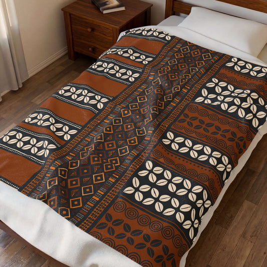 Mudcloth and Cowries Velveteen Blanket, Cozy Throw, Ethnic Design Bedding, Soft Afrocentric Bedspread, Warm Living Room Decor