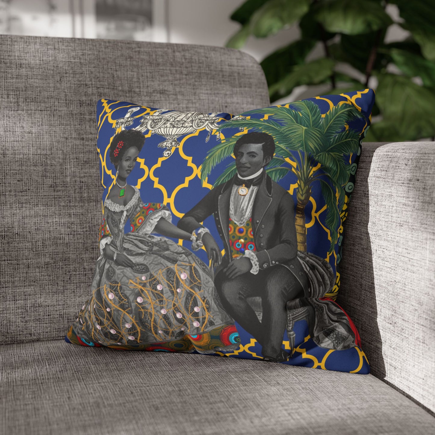 Toile Aristocrat Couple on Argyle Faux Suede Pillow Case, Decorative Throw Pillow Case Cover, Unique Home Decor Accent, Square Sofa Accessory
